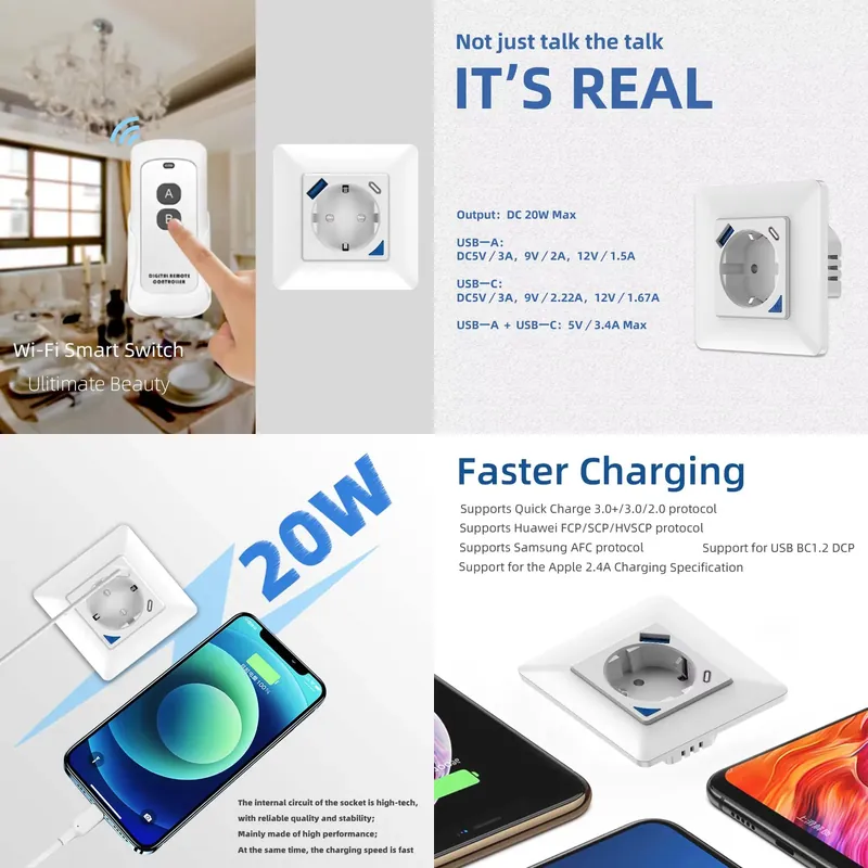 Wifi Smart Plug - Slimme wifi wandcontactdoos met USB snelladen,